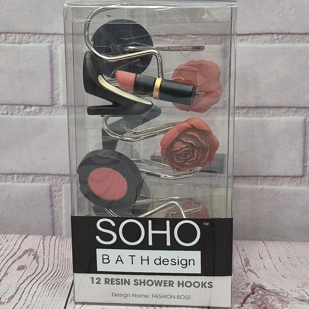 Soho Fashion Resin Shower Hooks~Lipstick~High Heels~Rose~Compact 12pc Set~NEW